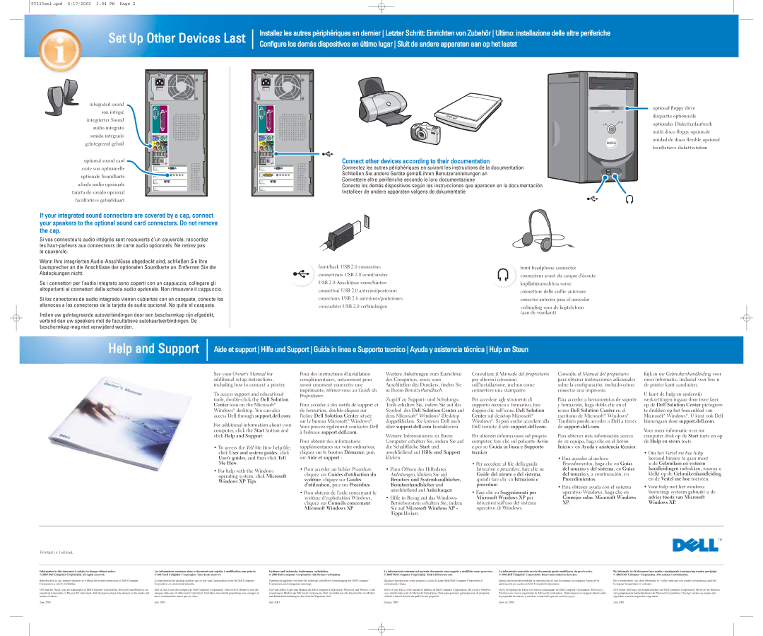 Dell dell owner manual Help and Support, Set Up Other Devices Last, Connect other devices according to their documentation 