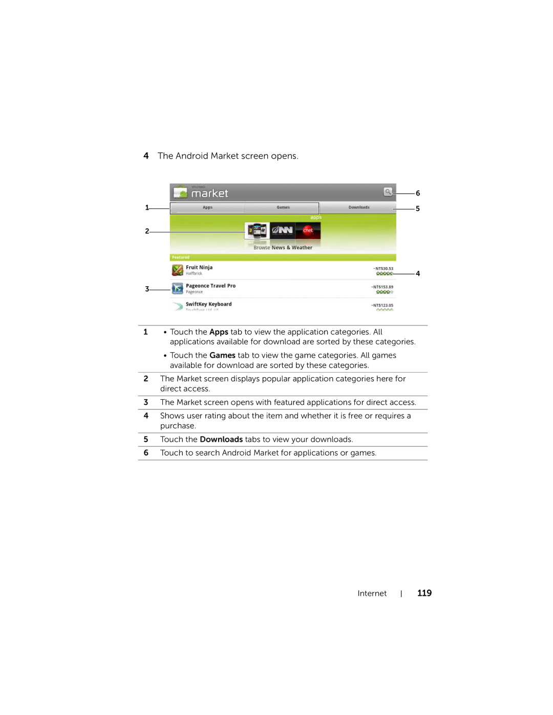 Dell STRK7-3107, DELLSTREAK7TMOBILEBLACK user manual Android Market screen opens, 119 