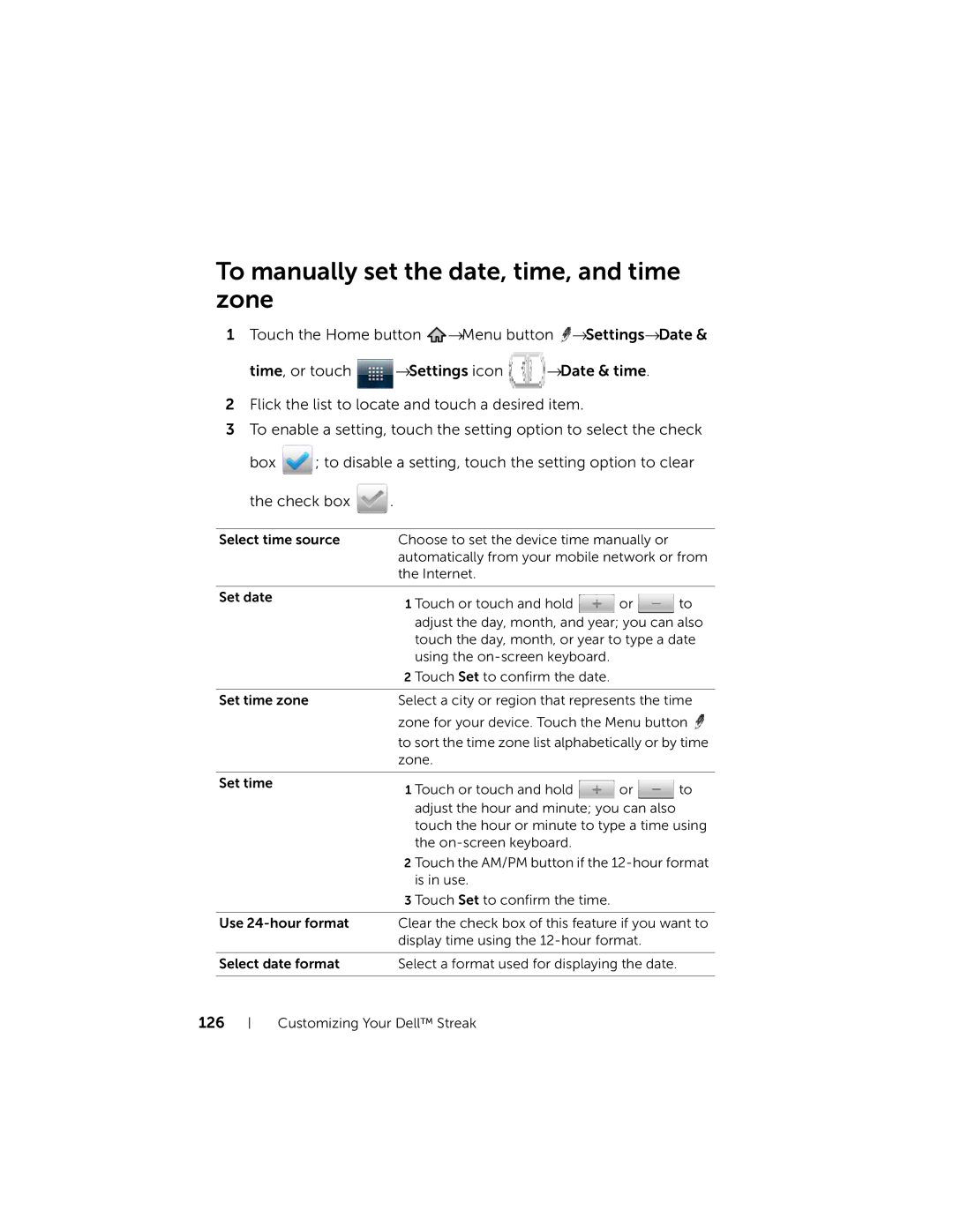 Dell DELLSTREAK7TMOBILEBLACK, STRK7-3107 user manual To manually set the date, time, and time zone, 126 