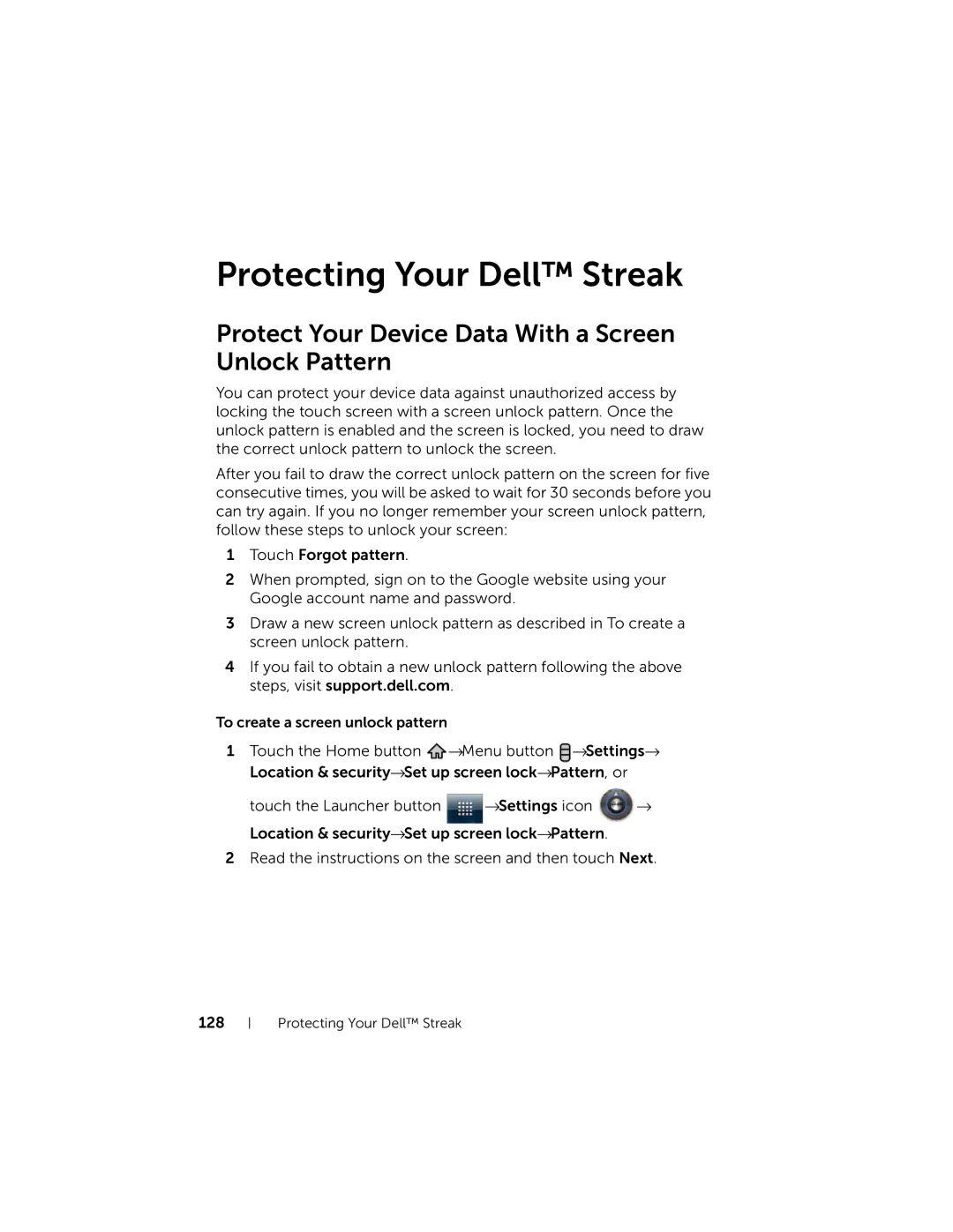 Dell DELLSTREAK7TMOBILEBLACK user manual Protecting Your Dell Streak, Protect Your Device Data With a Screen Unlock Pattern 