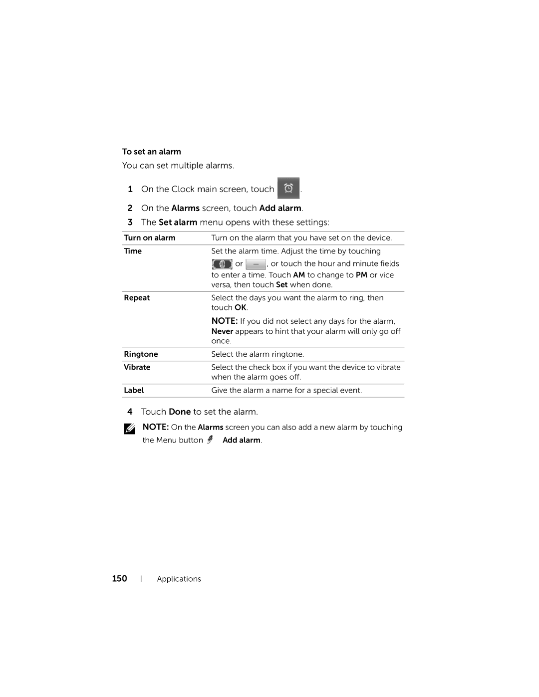 Dell DELLSTREAK7TMOBILEBLACK, STRK7-3107 user manual Touch Done to set the alarm 150 