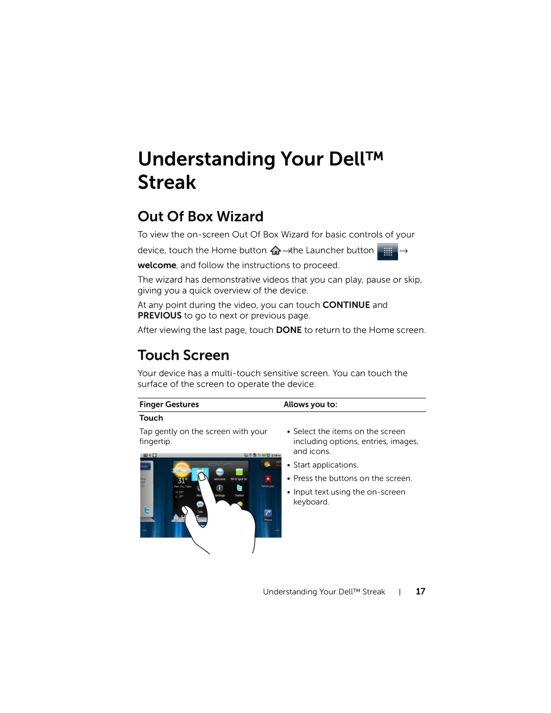 Dell STRK7-3107, DELLSTREAK7TMOBILEBLACK user manual Understanding Your Dell Streak, Out Of Box Wizard, Touch Screen 