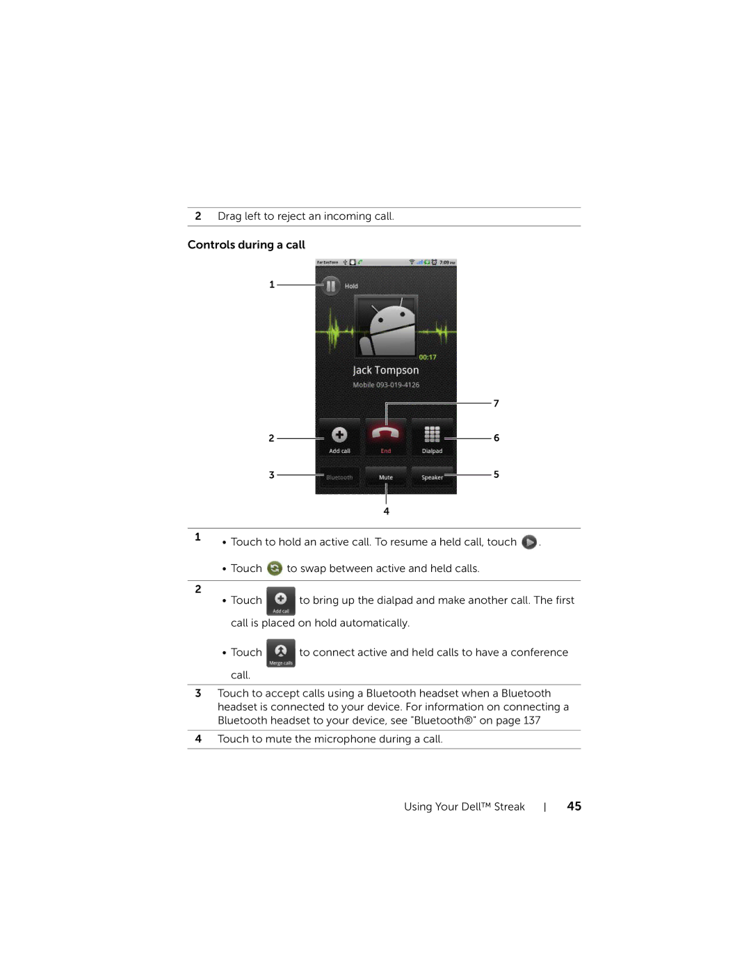 Dell STRK7-3107, DELLSTREAK7TMOBILEBLACK user manual Controls during a call 