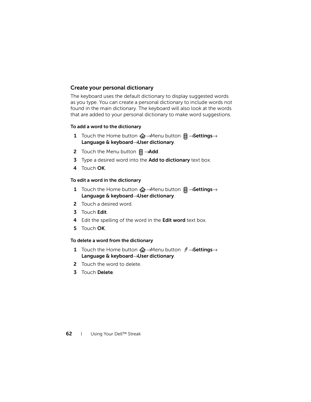 Dell DELLSTREAK7TMOBILEBLACK, STRK7-3107 user manual Create your personal dictionary 