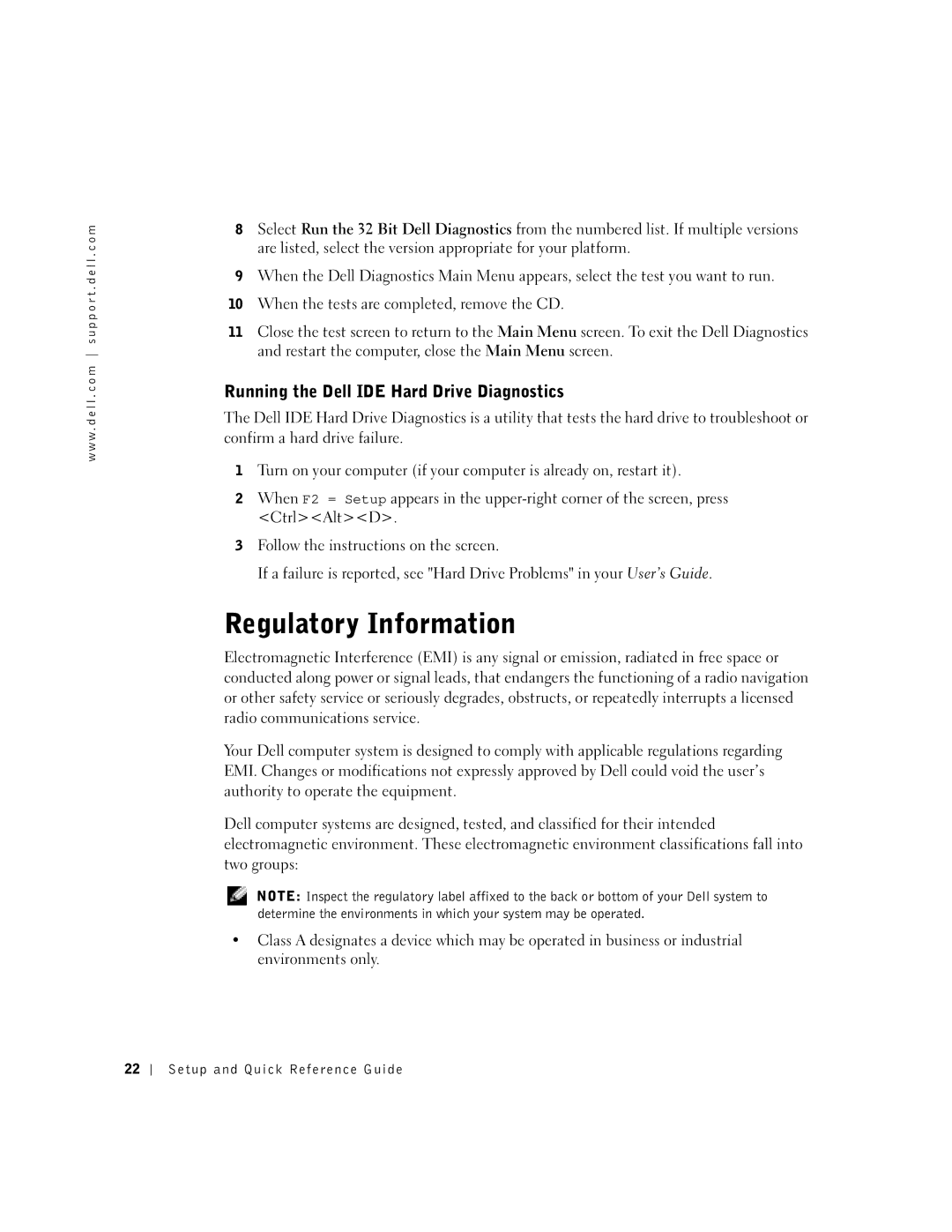 Dell DHM, DHP manual Regulatory Information, Running the Dell IDE Hard Drive Diagnostics 