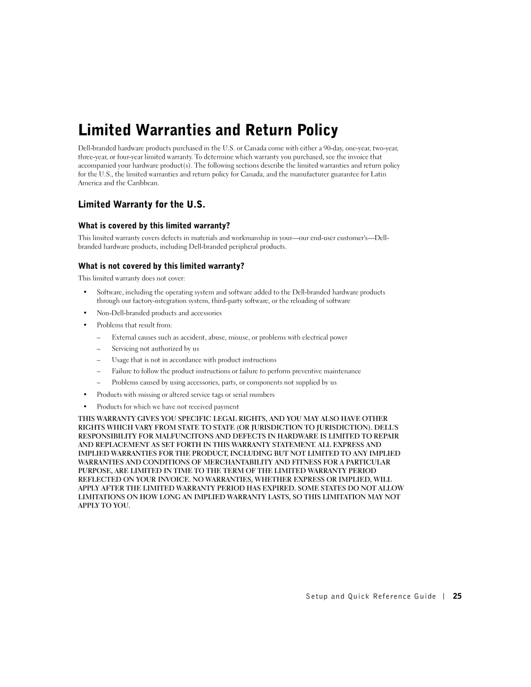 Dell DHP Limited Warranties and Return Policy, Limited Warranty for the U.S, What is covered by this limited warranty? 