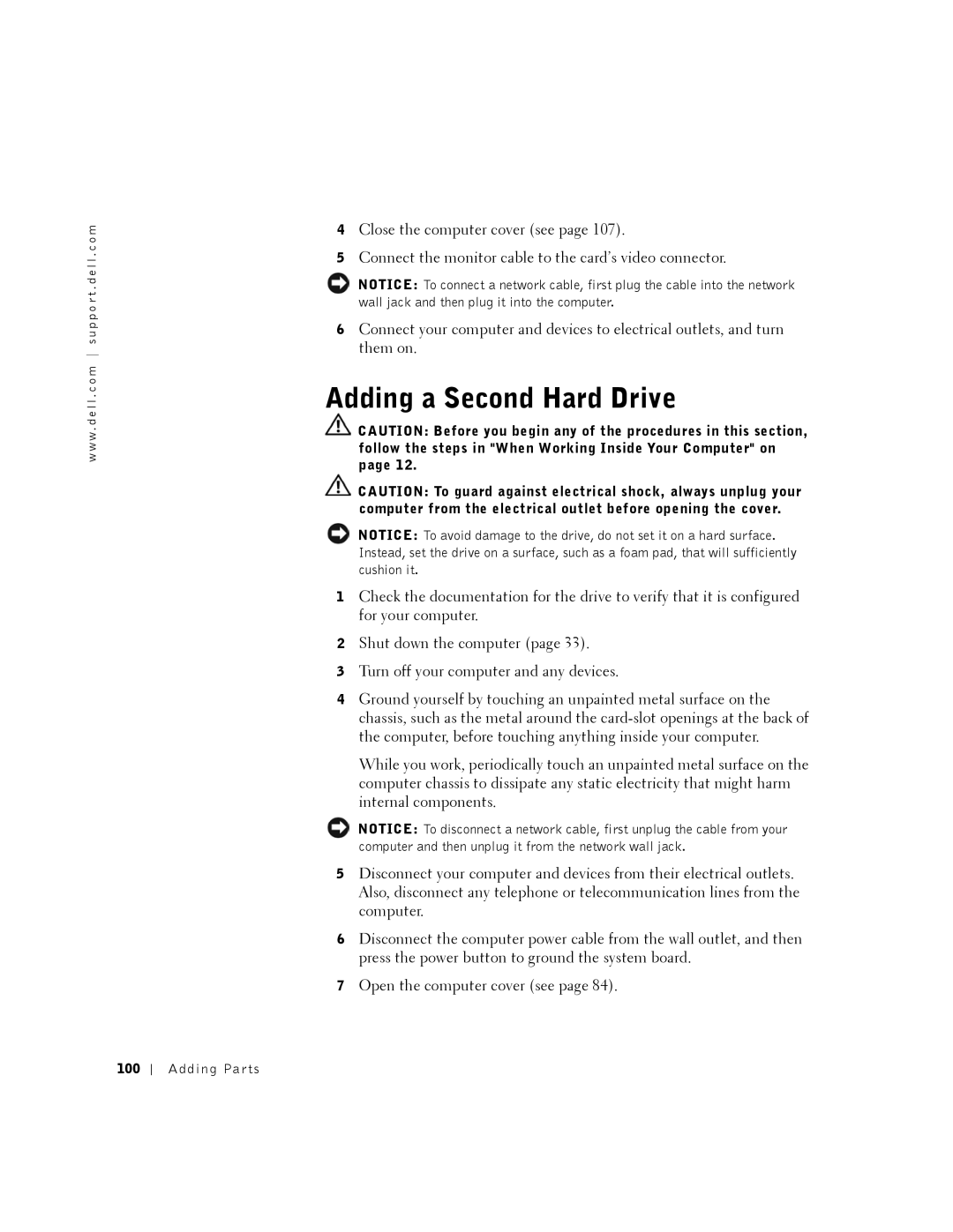 Dell DHM, K0004 manual Adding a Second Hard Drive, 100 