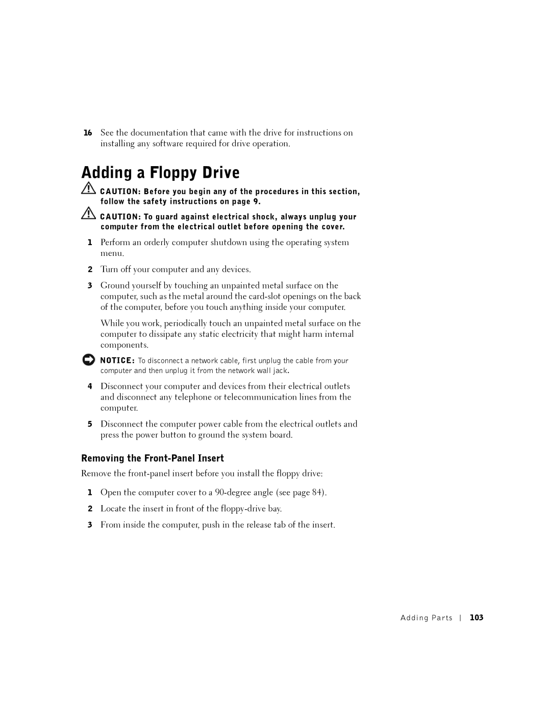 Dell K0004, DHM manual Adding a Floppy Drive, Removing the Front-Panel Insert 