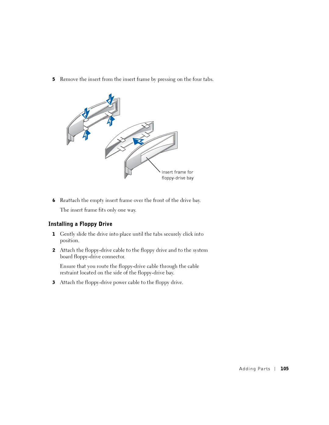 Dell K0004, DHM manual Installing a Floppy Drive, 105 