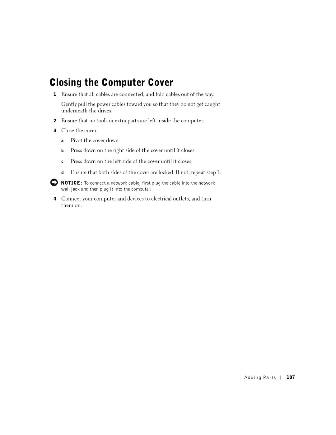 Dell K0004, DHM manual Closing the Computer Cover, 107 