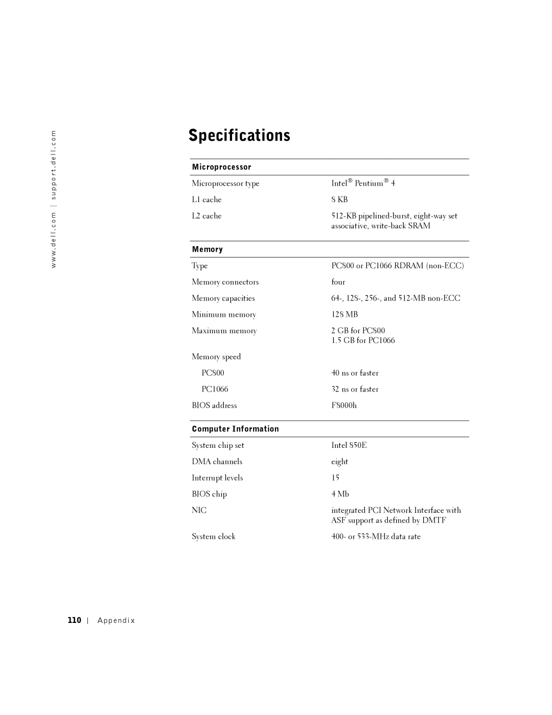 Dell DHM, K0004 manual Specifications, Microprocessor, Memory, Computer Information 