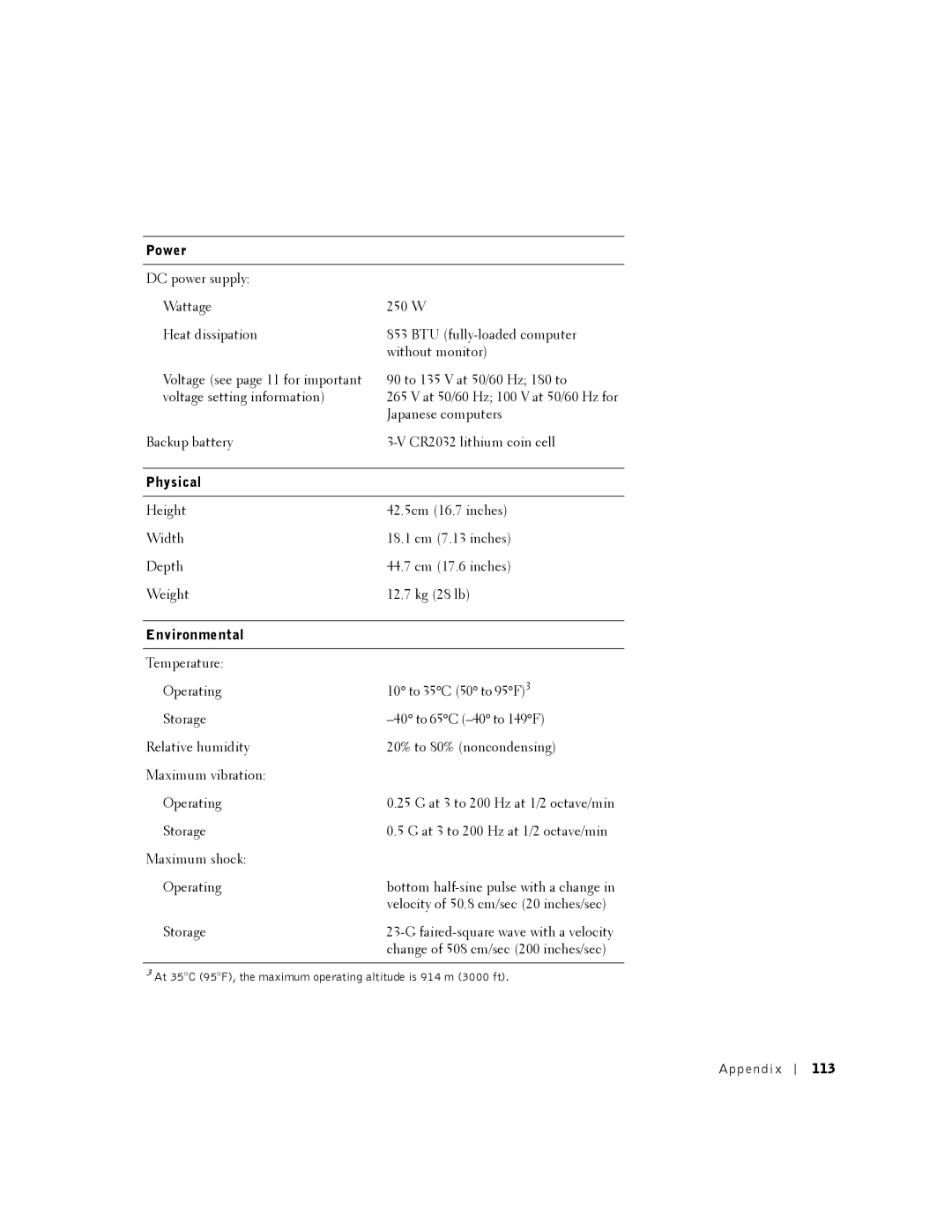 Dell K0004, DHM manual Power, Physical, Environmental, 113 