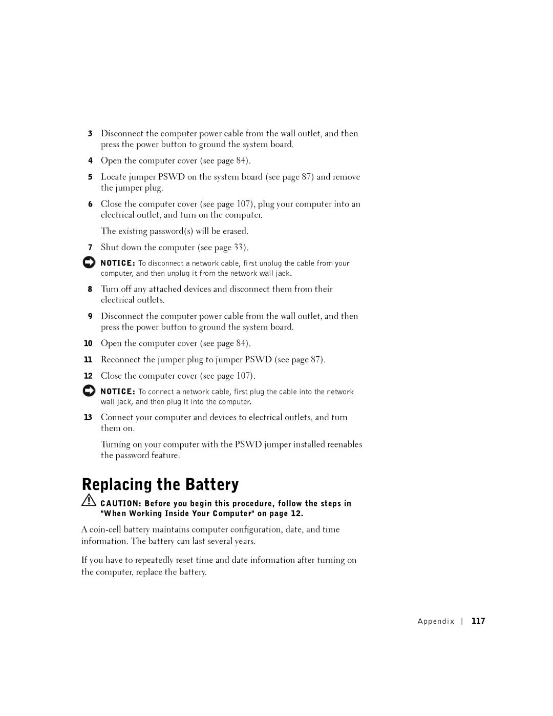 Dell K0004, DHM manual Replacing the Battery, 117 