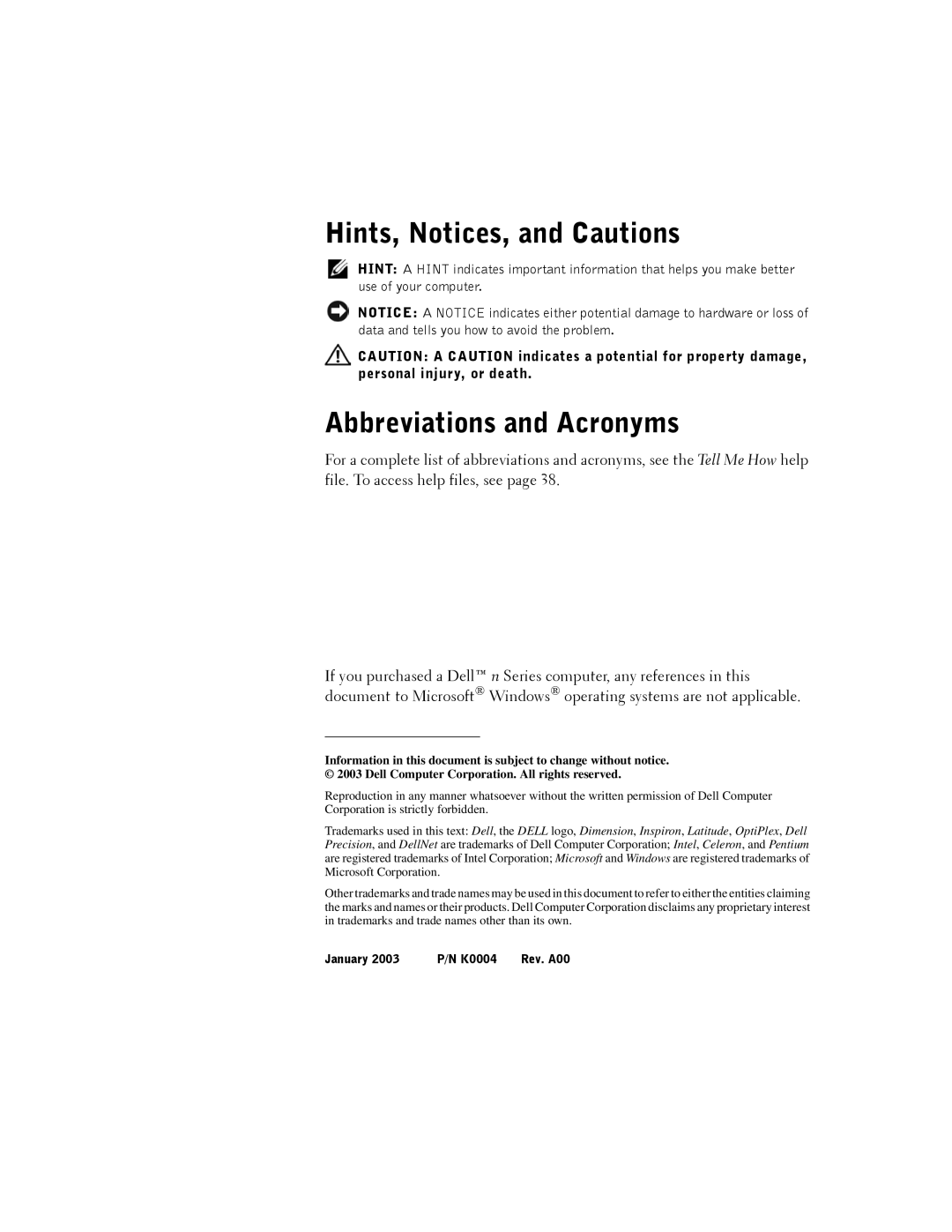 Dell DHM, K0004 manual Hints, Notices, and Cautions, Abbreviations and Acronyms 