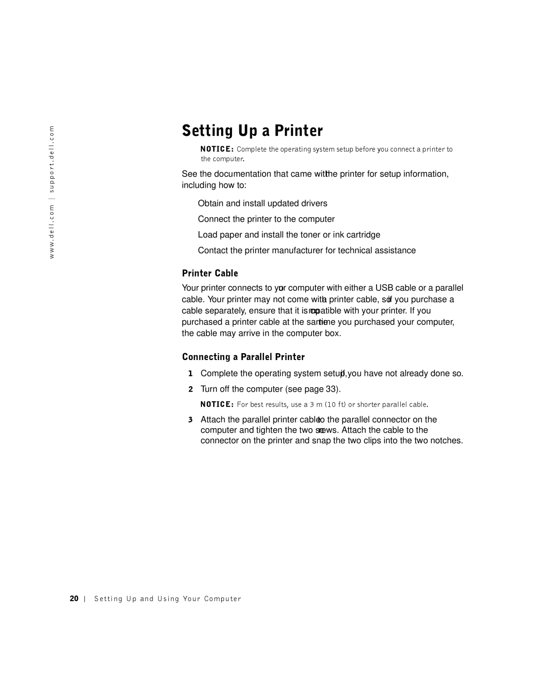 Dell DHM, K0004 manual Setting Up a Printer, Printer Cable, Connecting a Parallel Printer 