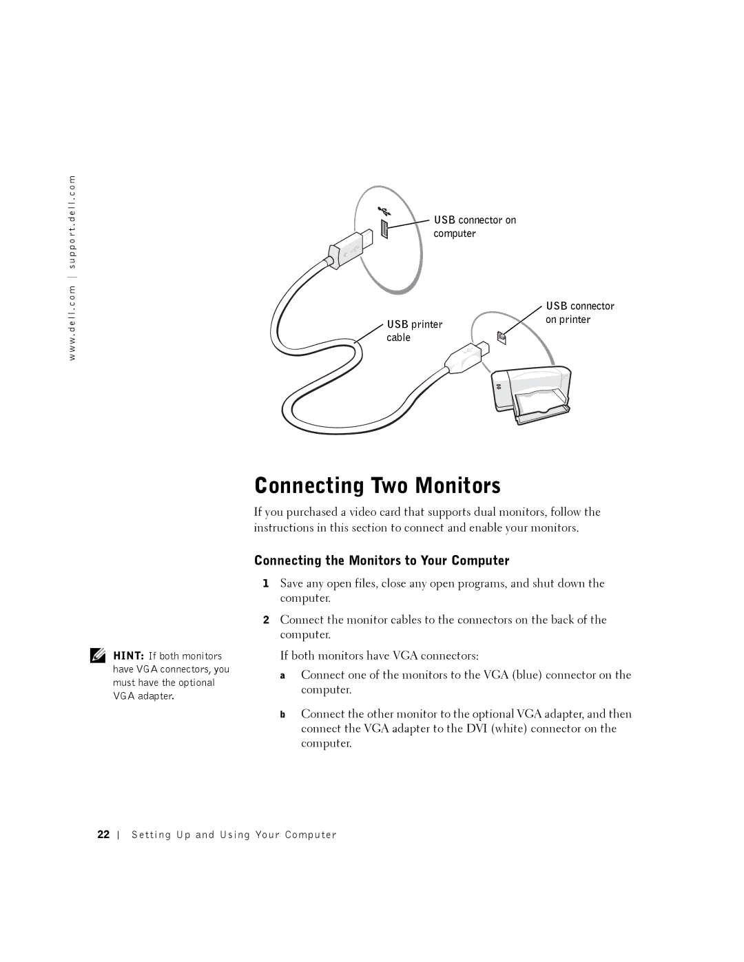 Dell DHM, K0004 manual Connecting Two Monitors, Connecting the Monitors to Your Computer, USB connector on computer 