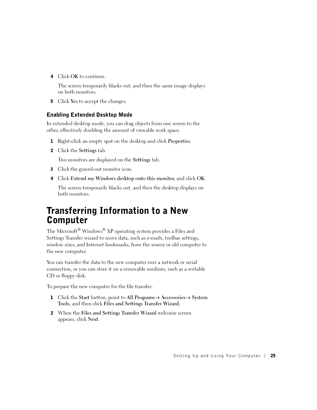 Dell K0004, DHM manual Transferring Information to a New Computer, Enabling Extended Desktop Mode 