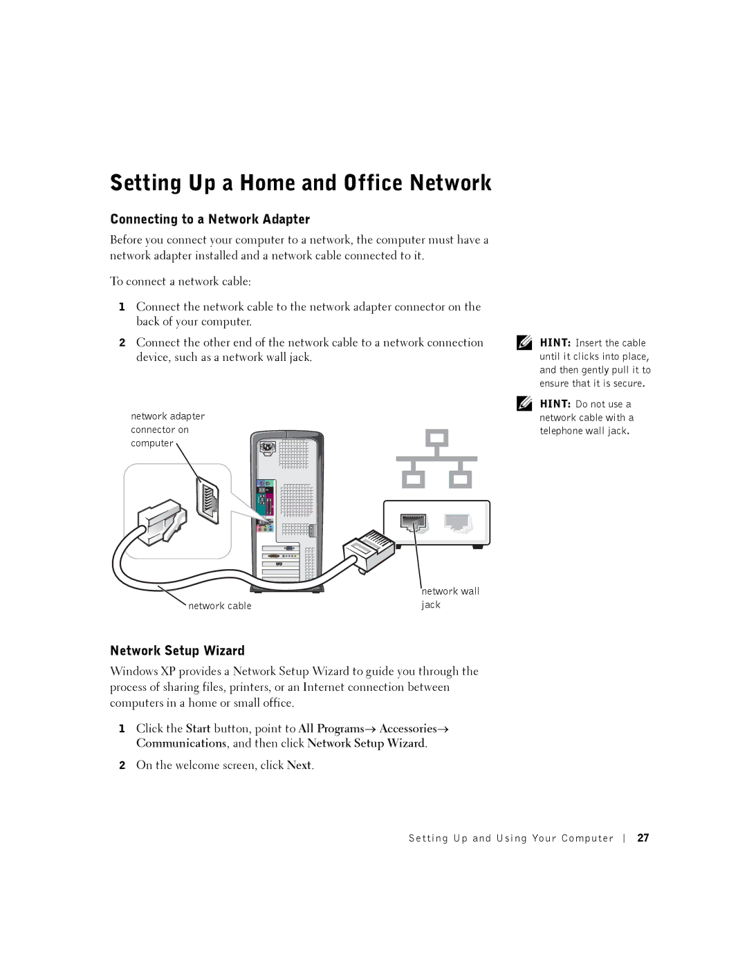 Dell K0004, DHM manual Setting Up a Home and Office Network, Connecting to a Network Adapter, Network Setup Wizard 