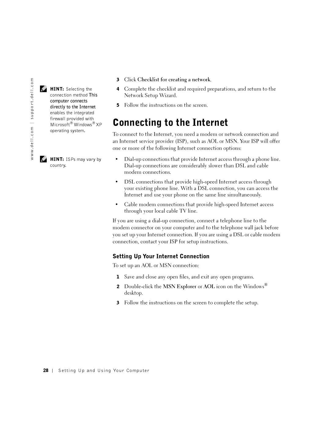 Dell DHM, K0004 manual Connecting to the Internet, Setting Up Your Internet Connection 