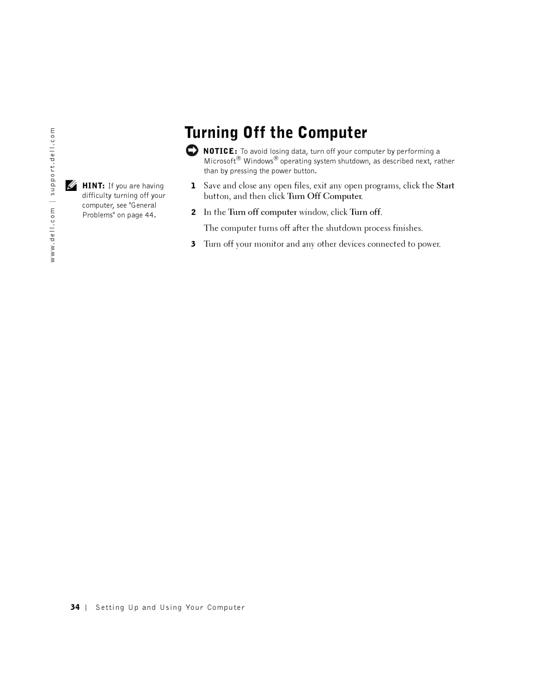 Dell DHM, K0004 manual Turning Off the Computer, Turn off computer window, click Turn off 