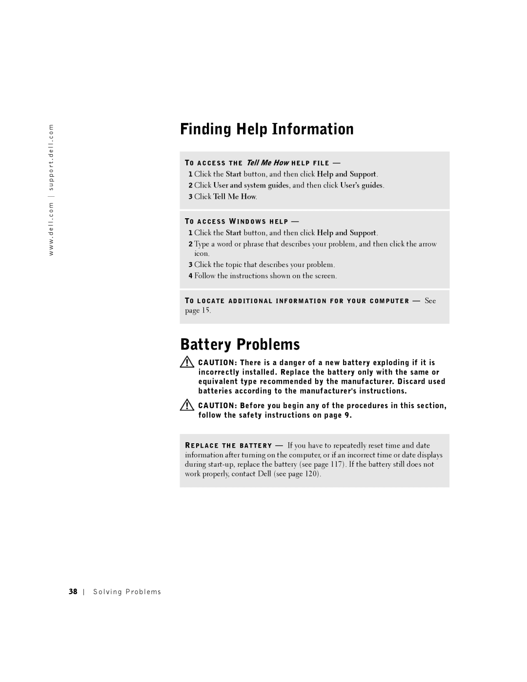 Dell DHM, K0004 manual Finding Help Information, Battery Problems 