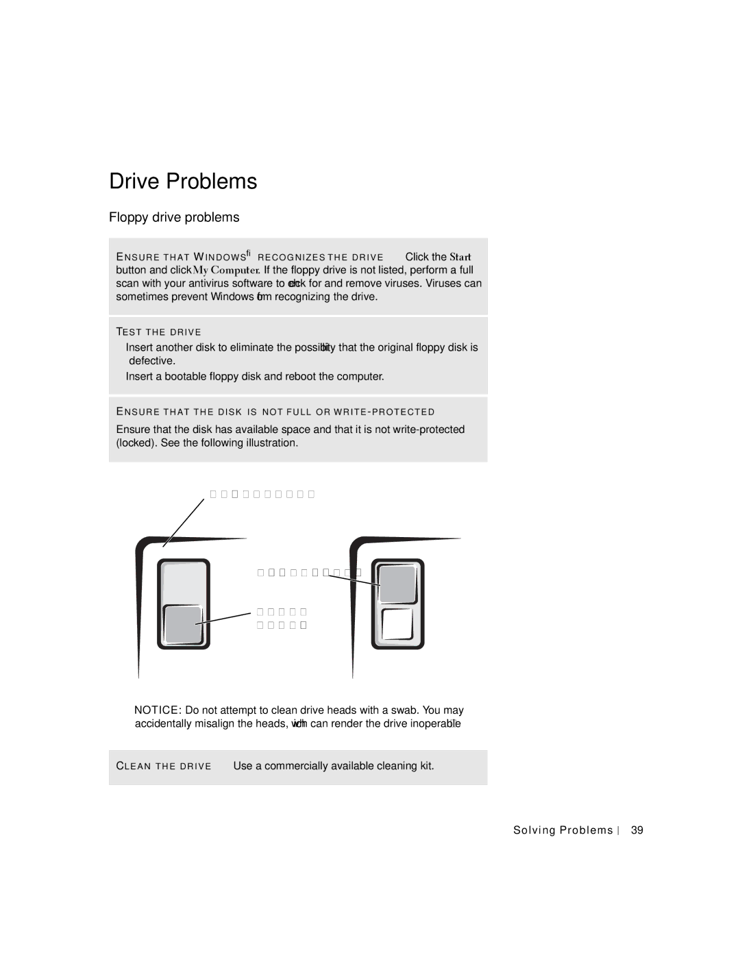 Dell K0004, DHM manual Drive Problems, Floppy drive problems, Back of floppy disk Write-protected 