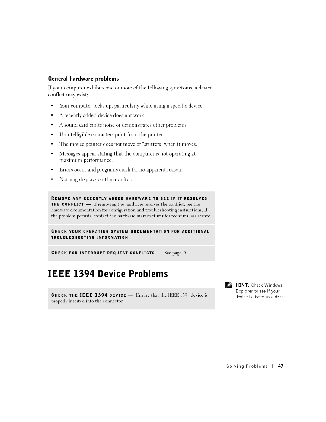 Dell K0004, DHM manual Ieee 1394 Device Problems, General hardware problems 