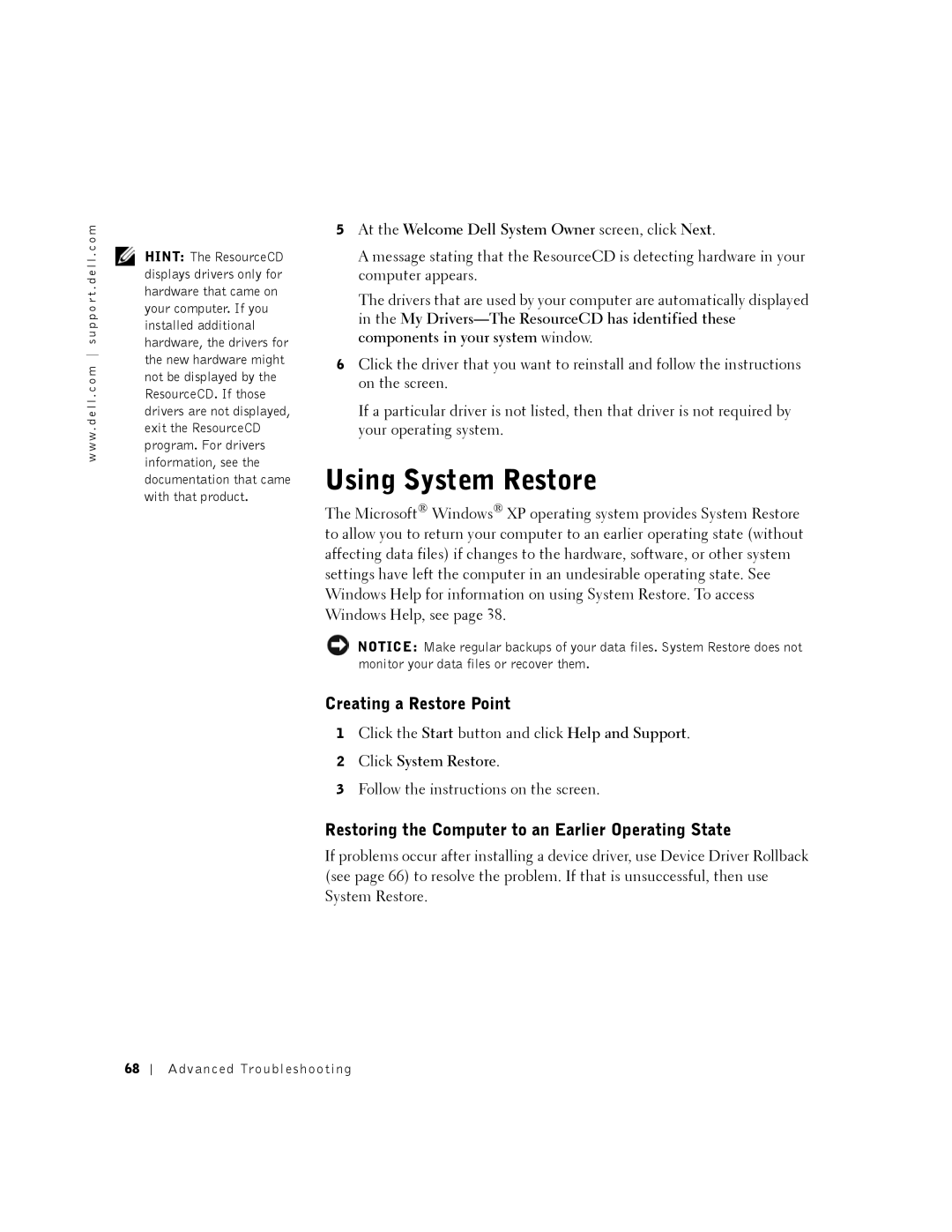 Dell DHM, K0004 manual Using System Restore, Creating a Restore Point, Restoring the Computer to an Earlier Operating State 