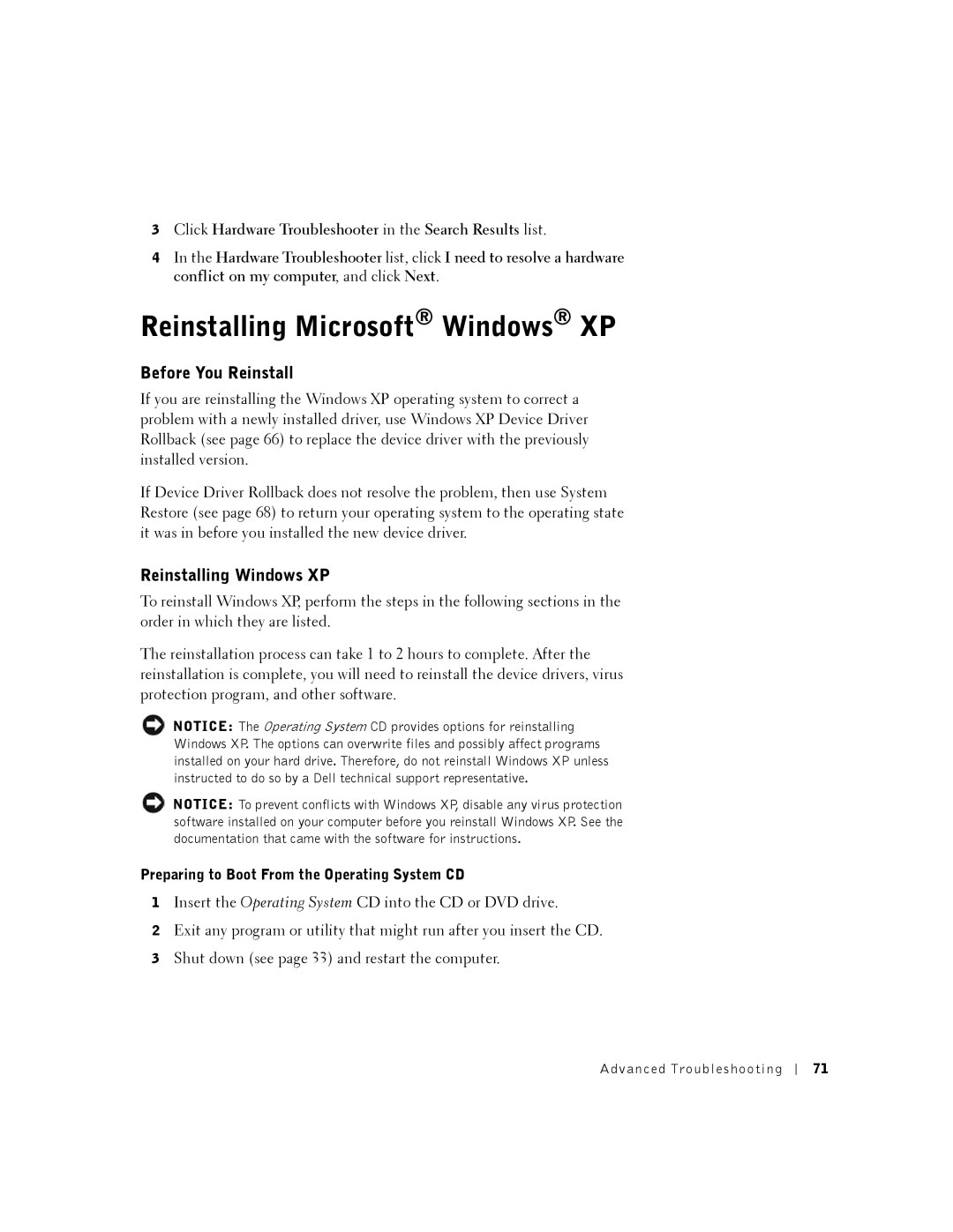 Dell K0004, DHM manual Reinstalling Microsoft Windows XP, Before You Reinstall, Reinstalling Windows XP 