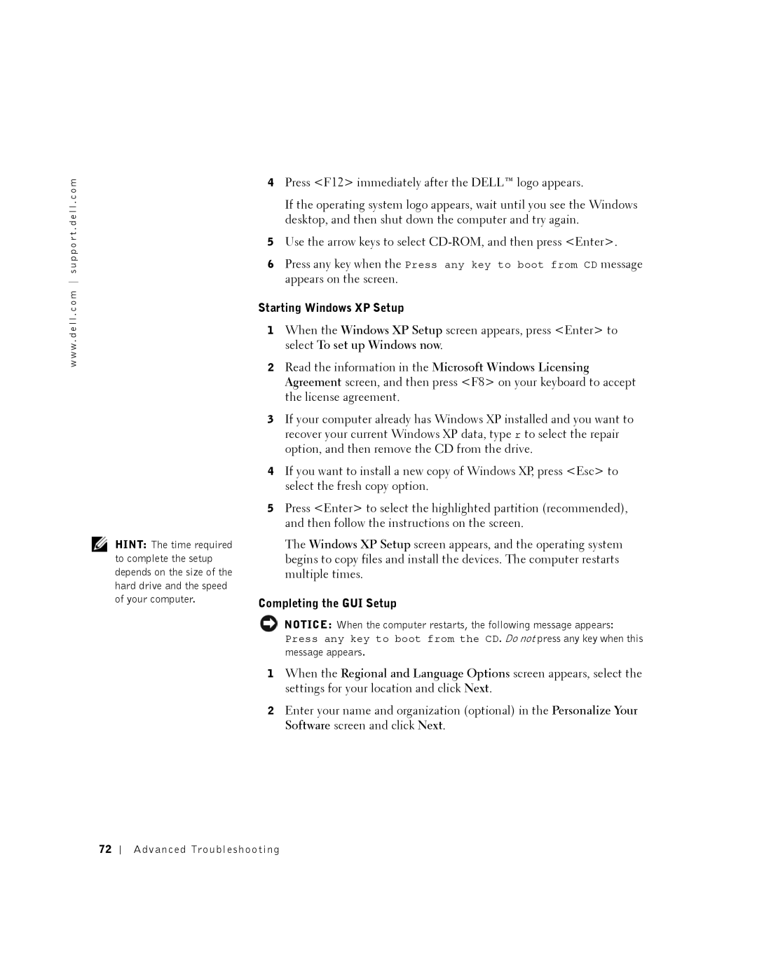 Dell DHM, K0004 manual Starting Windows XP Setup, Completing the GUI Setup 