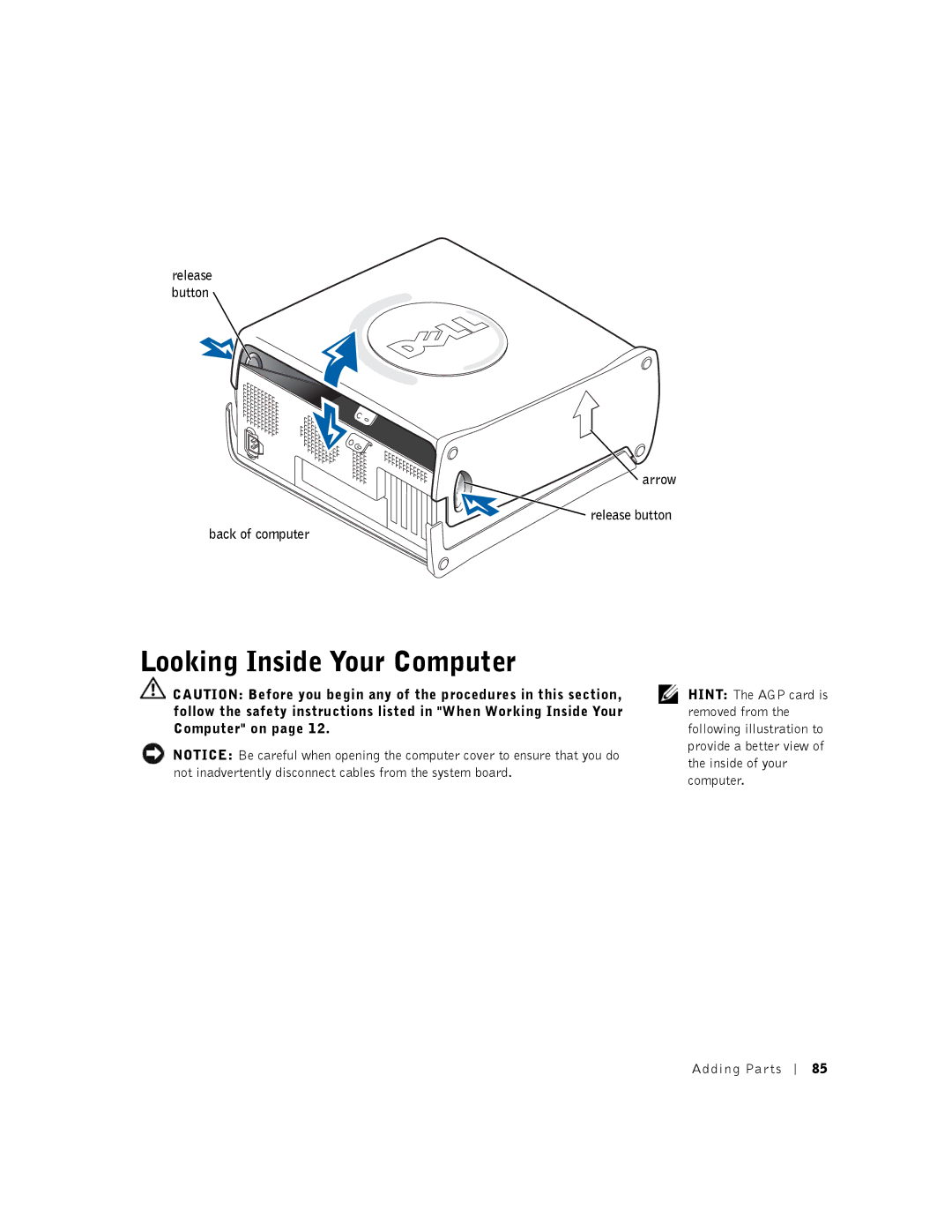 Dell K0004, DHM manual Looking Inside Your Computer, Arrow Release button Back of computer 