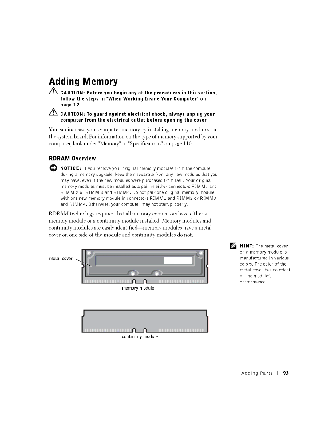 Dell K0004, DHM manual Adding Memory, Rdram Overview, Metal cover Memory module Continuity module 