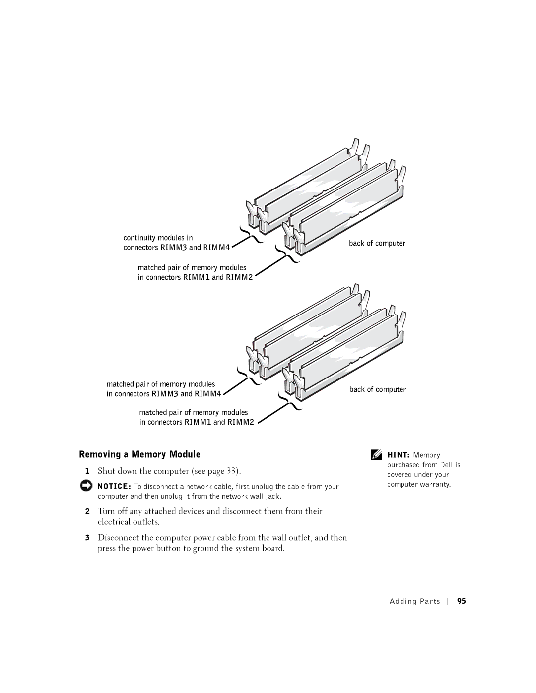 Dell K0004, DHM manual Removing a Memory Module, Continuity modules in connectors RIMM3 and RIMM4 