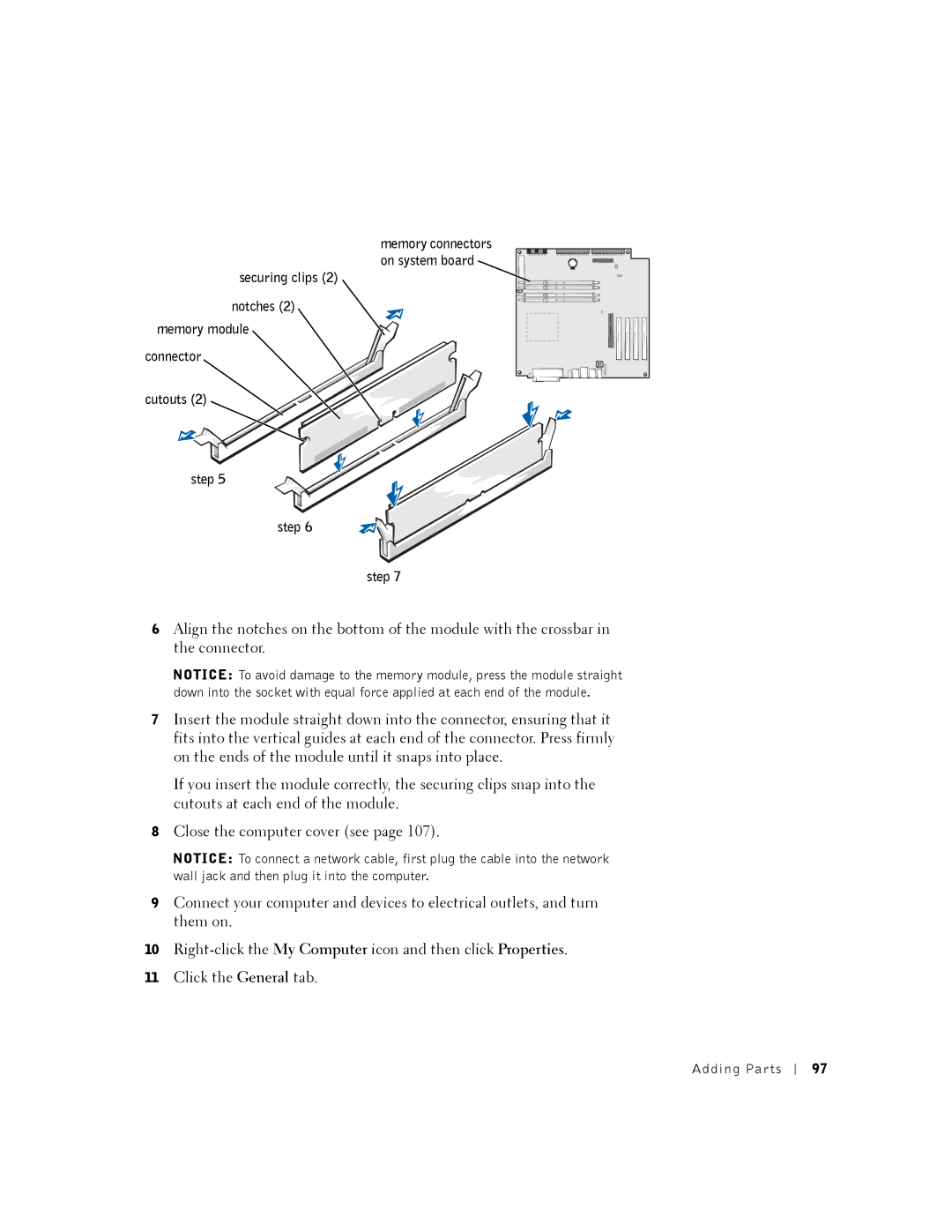 Dell K0004, DHM manual Securing clips Notches, Cutouts Step 