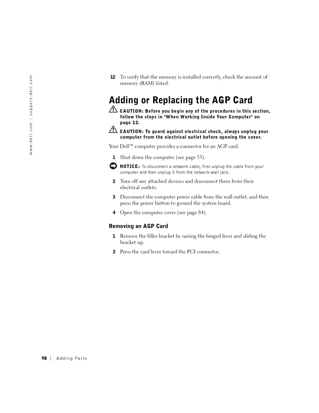 Dell DHM, K0004 manual Adding or Replacing the AGP Card, Removing an AGP Card 