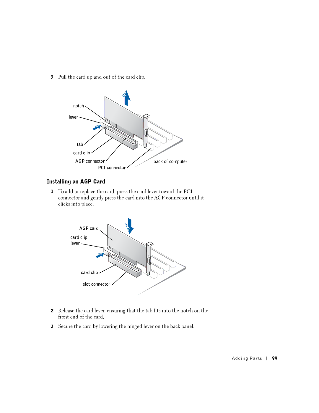 Dell K0004, DHM manual Installing an AGP Card, Notch Lever Tab Card clip AGP connector, PCI connector, AGP card 
