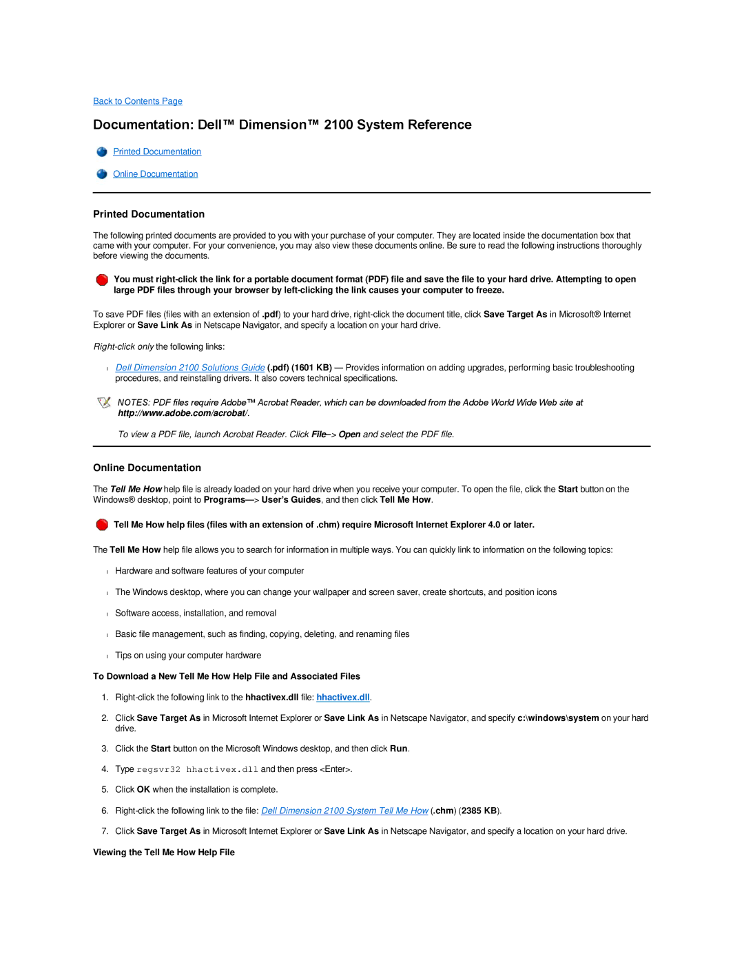 Dell Documentation Dell Dimension 2100 System Reference, Printed Documentation, Online Documentation 