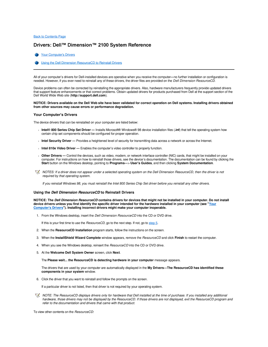 Dell technical specifications Drivers Dell Dimension 2100 System Reference, Your Computer’s Drivers 