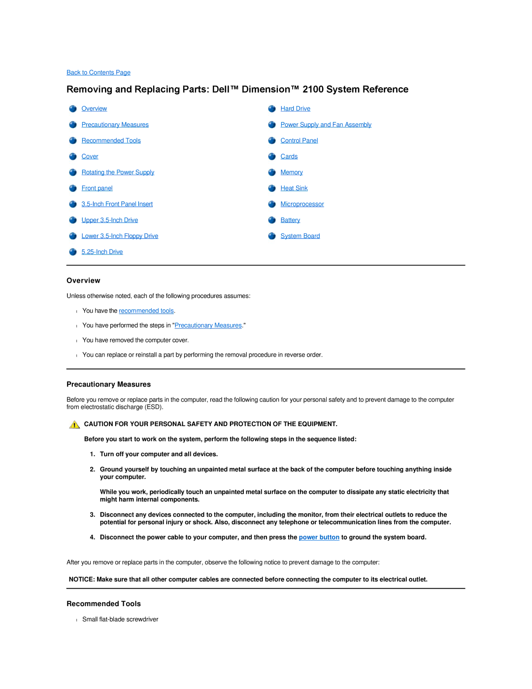 Dell Dimension 2100 Overview, Precautionary Measures, Recommended Tools, You have the recommended tools 