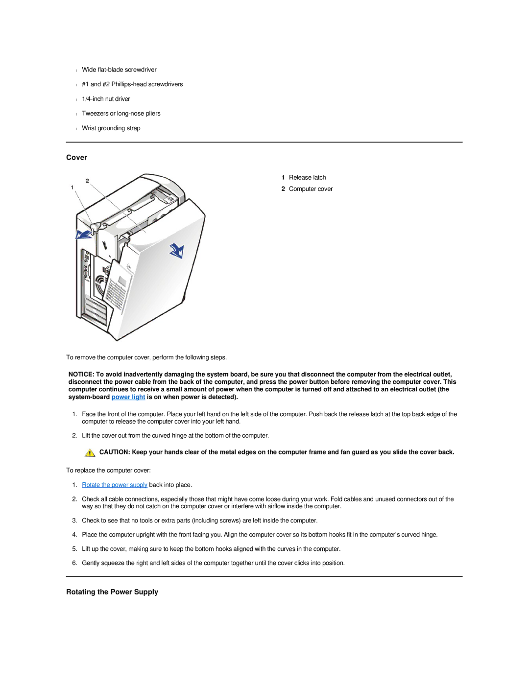 Dell Dimension 2100 technical specifications Cover, Rotating the Power Supply, Rotate the power supply back into place 