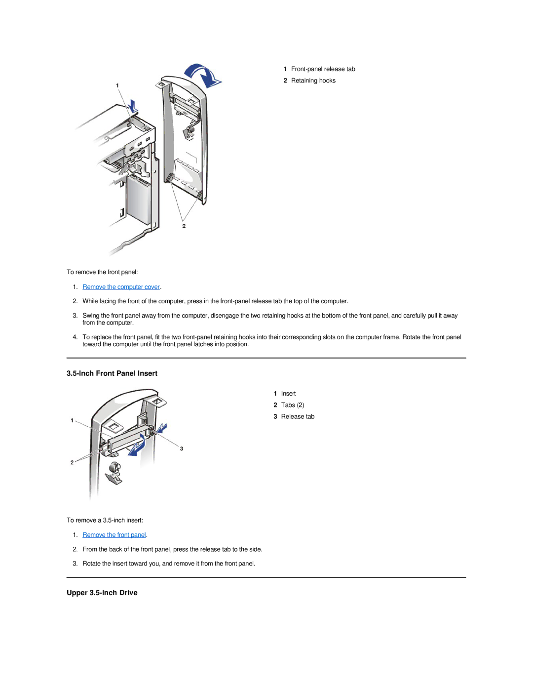 Dell Dimension 2100 technical specifications Inch Front Panel Insert, Upper 3.5-Inch Drive, Tabs, Remove the front panel 