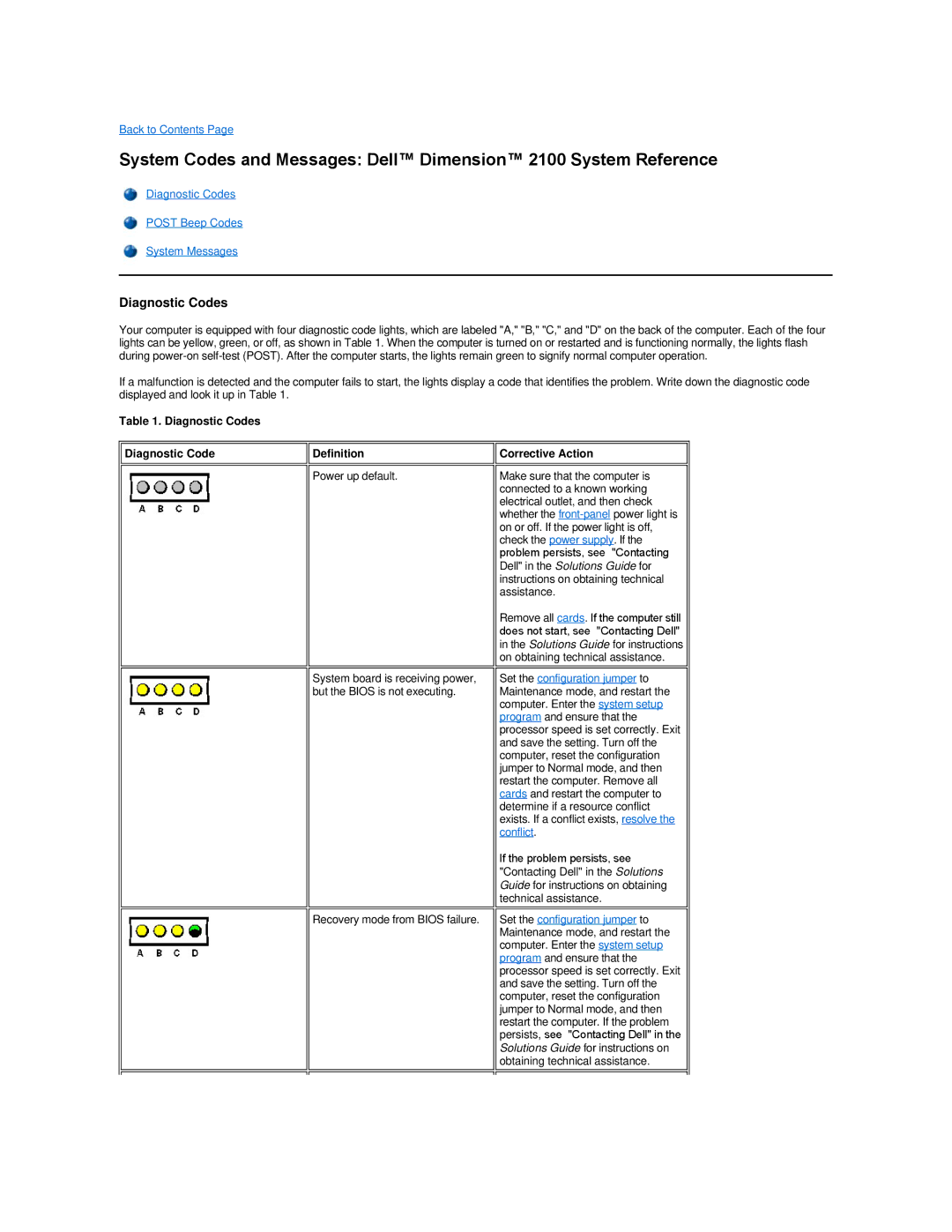 Dell Dimension 2100 Back to Contents, Diagnostic Codes Post Beep Codes System Messages, Diagnostic Codes Definition 