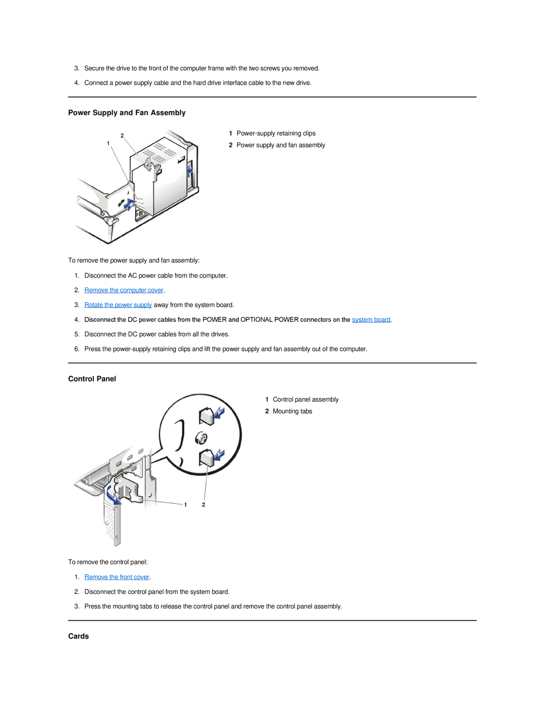 Dell Dimension 2100 technical specifications Power Supply and Fan Assembly, Control Panel, Cards, Remove the front cover 