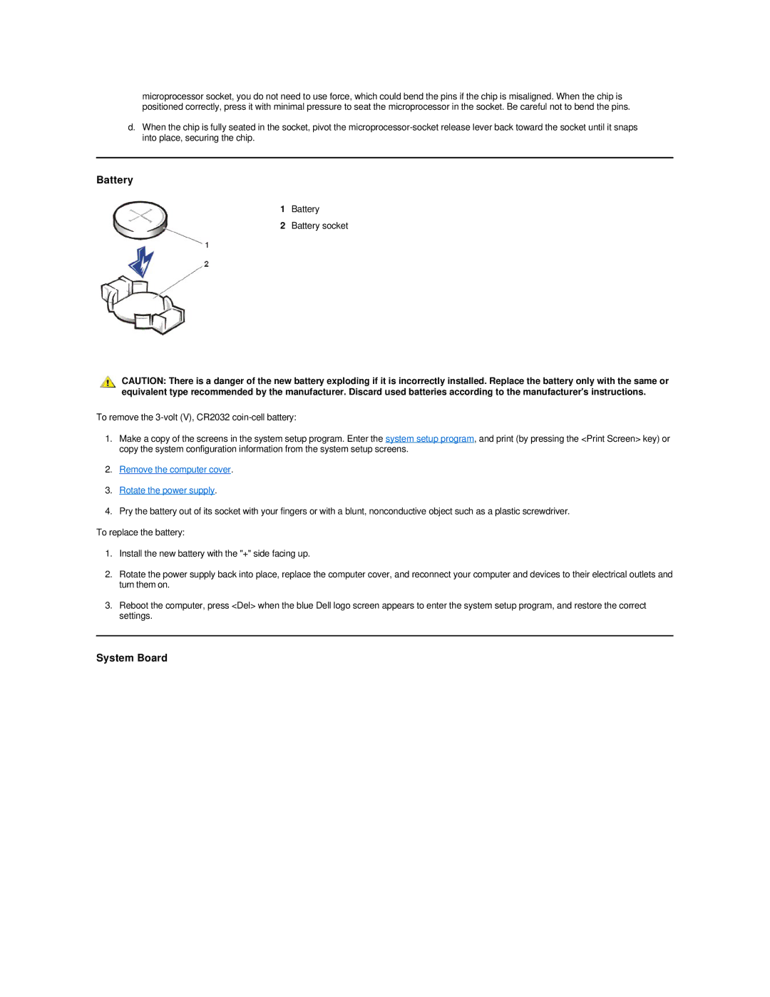 Dell Dimension 2100 technical specifications Battery, System Board 