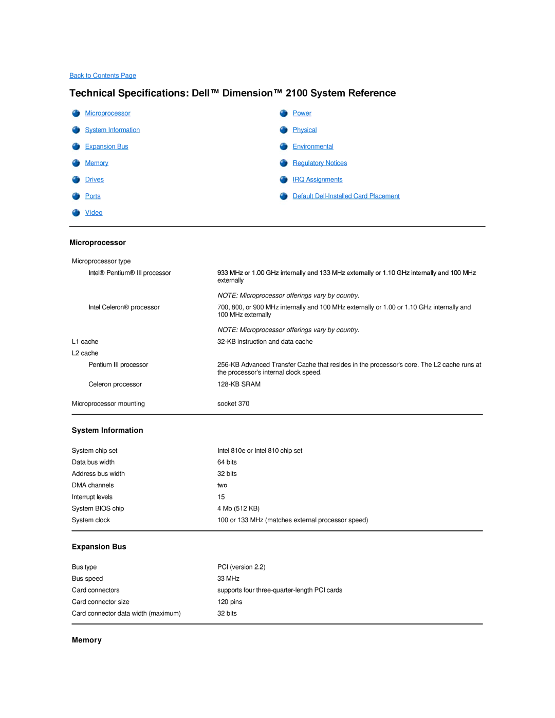 Dell Dimension 2100 technical specifications System Information, Expansion Bus 