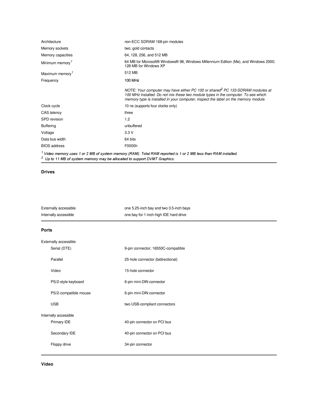 Dell Dimension 2100 technical specifications Drives, Ports, Video 