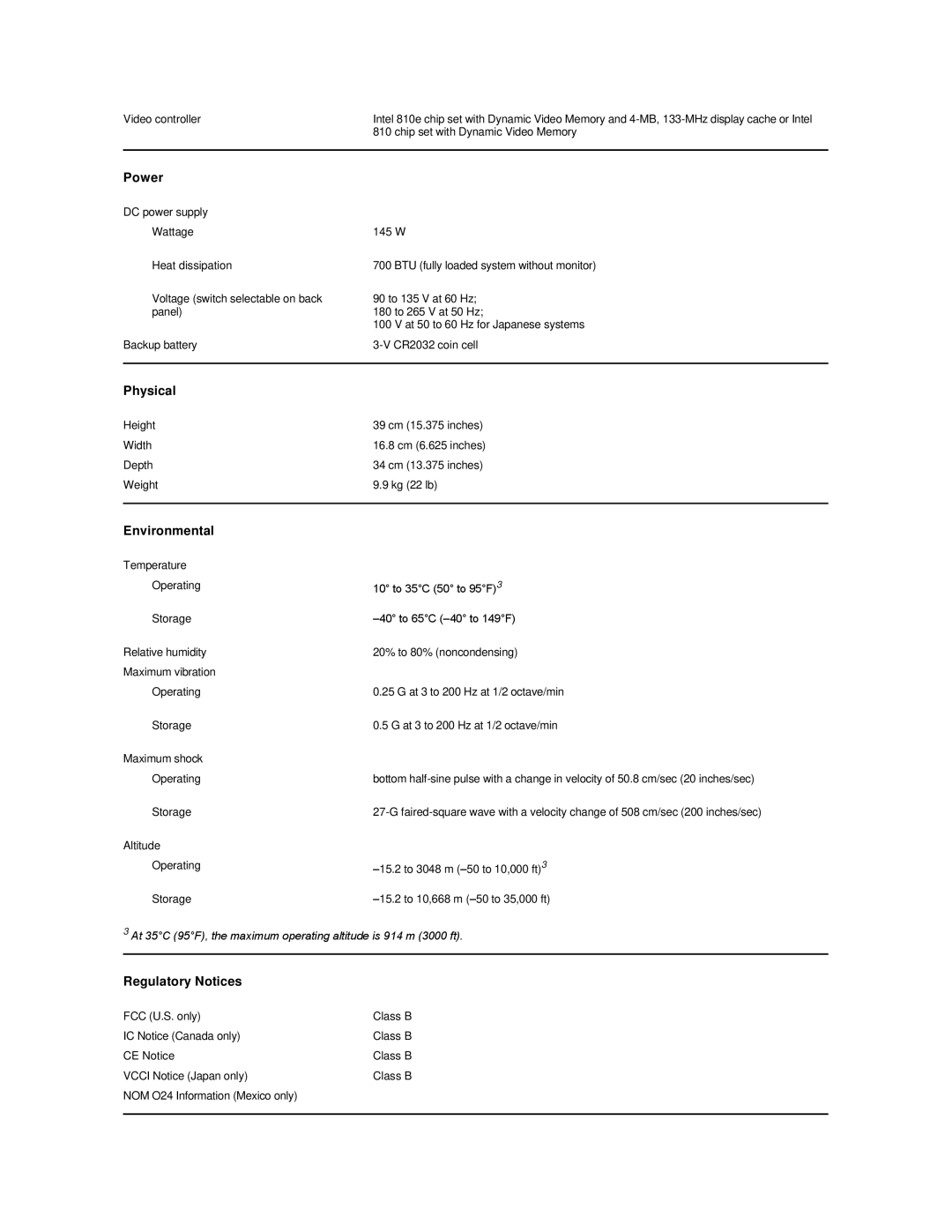 Dell Dimension 2100 technical specifications Power, Physical, Environmental, Regulatory Notices 