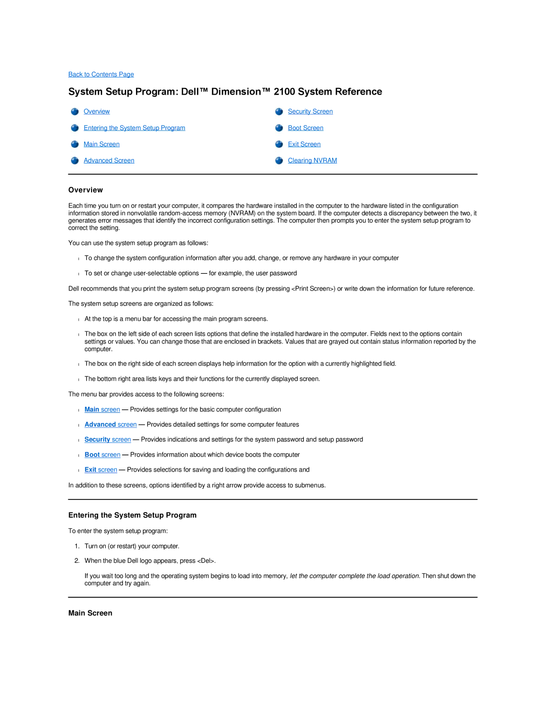 Dell System Setup Program Dell Dimension 2100 System Reference, Entering the System Setup Program, Main Screen 