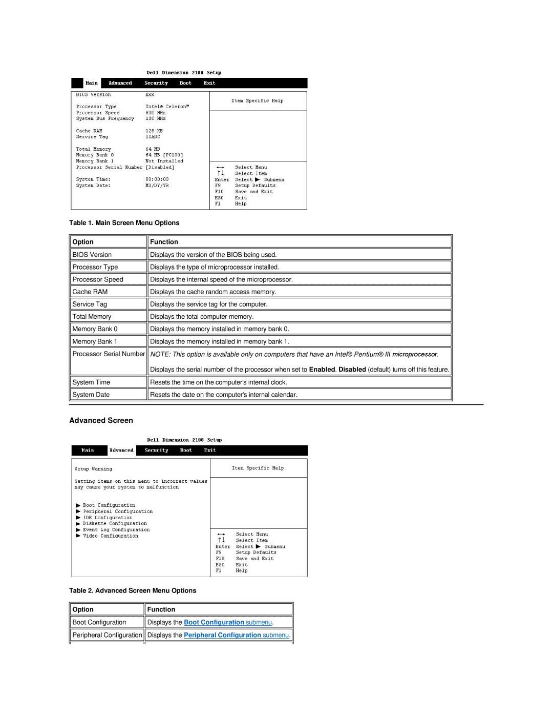 Dell Dimension 2100 technical specifications Main Screen Menu Options Function, Advanced Screen Menu Options Function 