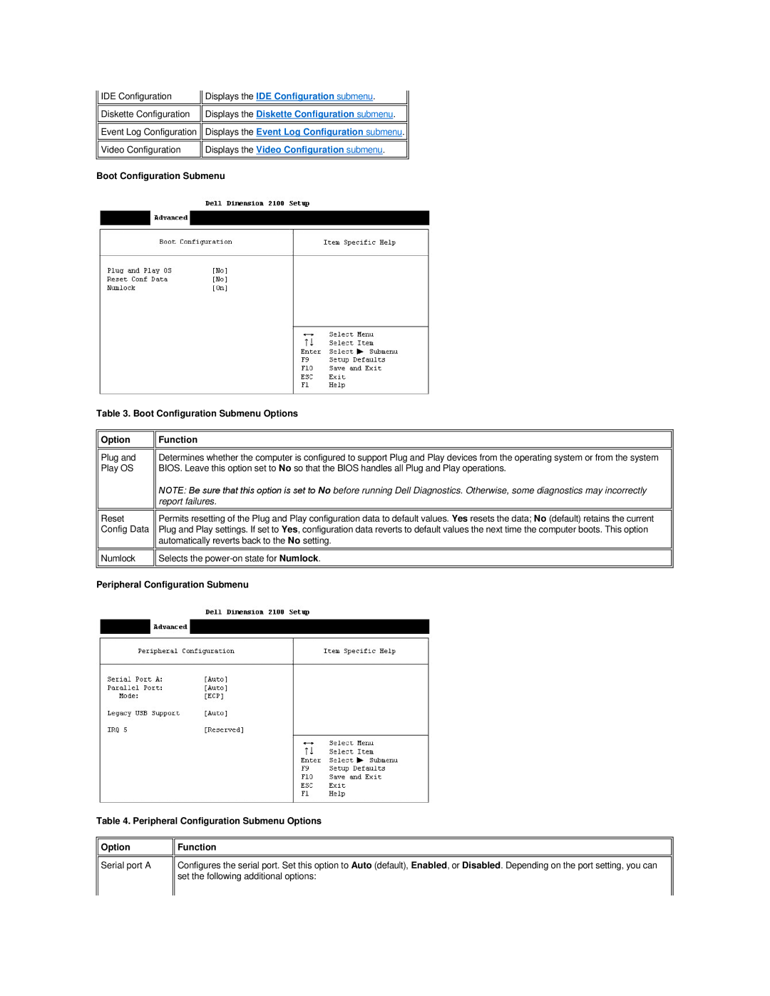 Dell Dimension 2100 technical specifications Displays the IDE Configuration submenu 